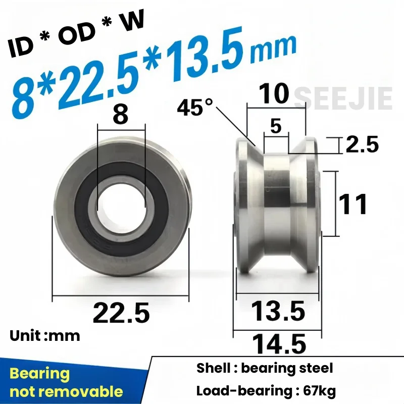 5 szt. łożysk U22 8x22.5x13.5mm, rolka z rowkiem U, rolka rowkowa z kołem prowadzącym o średnicy 12mm, dwurzędowe łożysko kulkowe