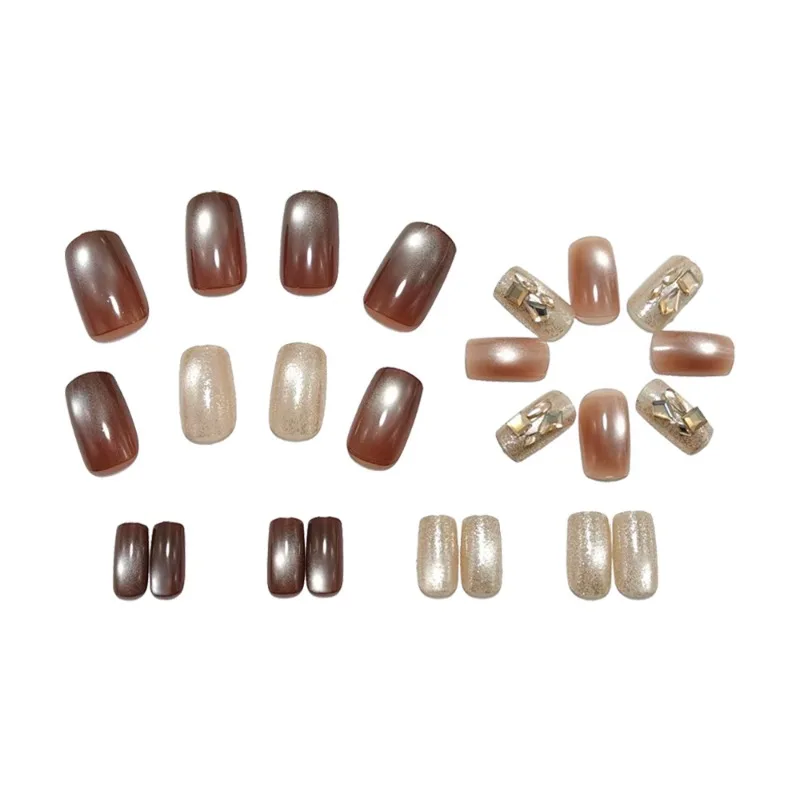 24Pcs False Nails Autumn/Winter Amber Cat-Eye Gradient with Rhinestones—Press-On Design Perfect As A Gift for Girls and Friends