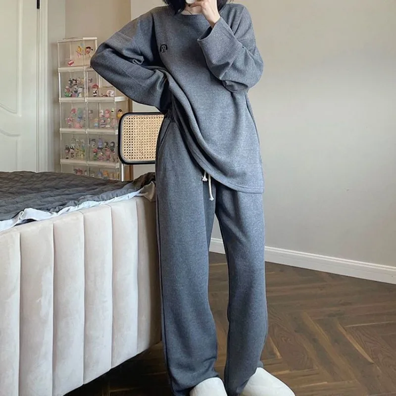Spring Autumn New Women Pajamas Extra Large Waffle Female Thin Homewear Suit Round Neck Solid Color Simple Sleepwear Sets 2024
