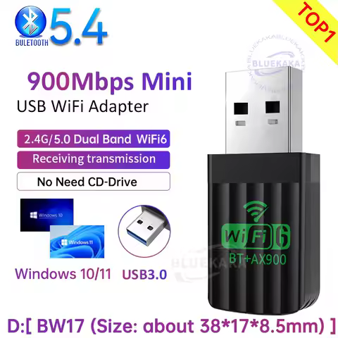 2IN1 Driver Free Network Card WiFi6 Bluetooth 5.4 AX900Mbps Dual Band 2.4G+5GHz Wireless Receiver Adapter For PC Laptop Win10/11