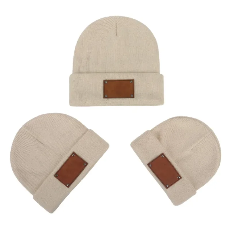

Winter Children Adult Blank Leather Label Brimless Windproof Caps Fashionable Retro Infant Knitted Thermal Sun-protection Hood