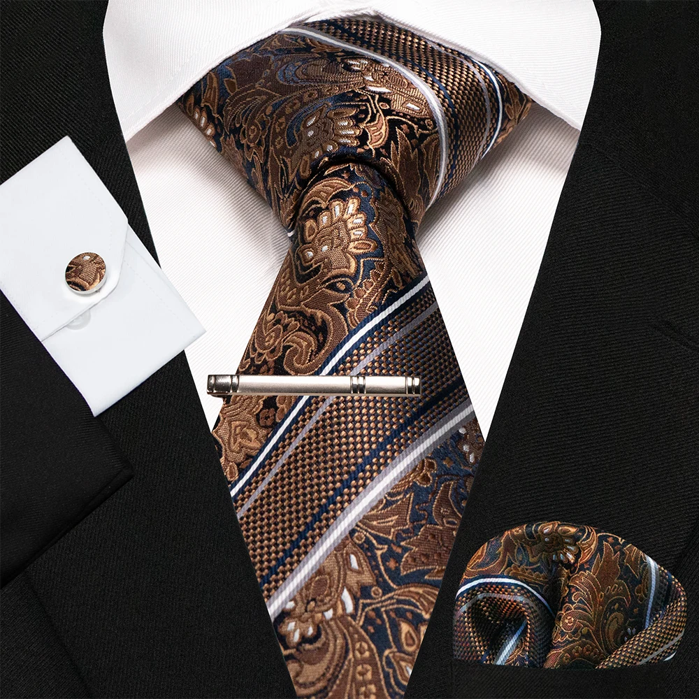 KAMBERFT Marineblau Gestreifte Seidenkrawatte für Herren, Modisches Design, Geschenkset mit Taschentuch und Manschettenknöpfen, Business-Party-Gravata – Detail 25