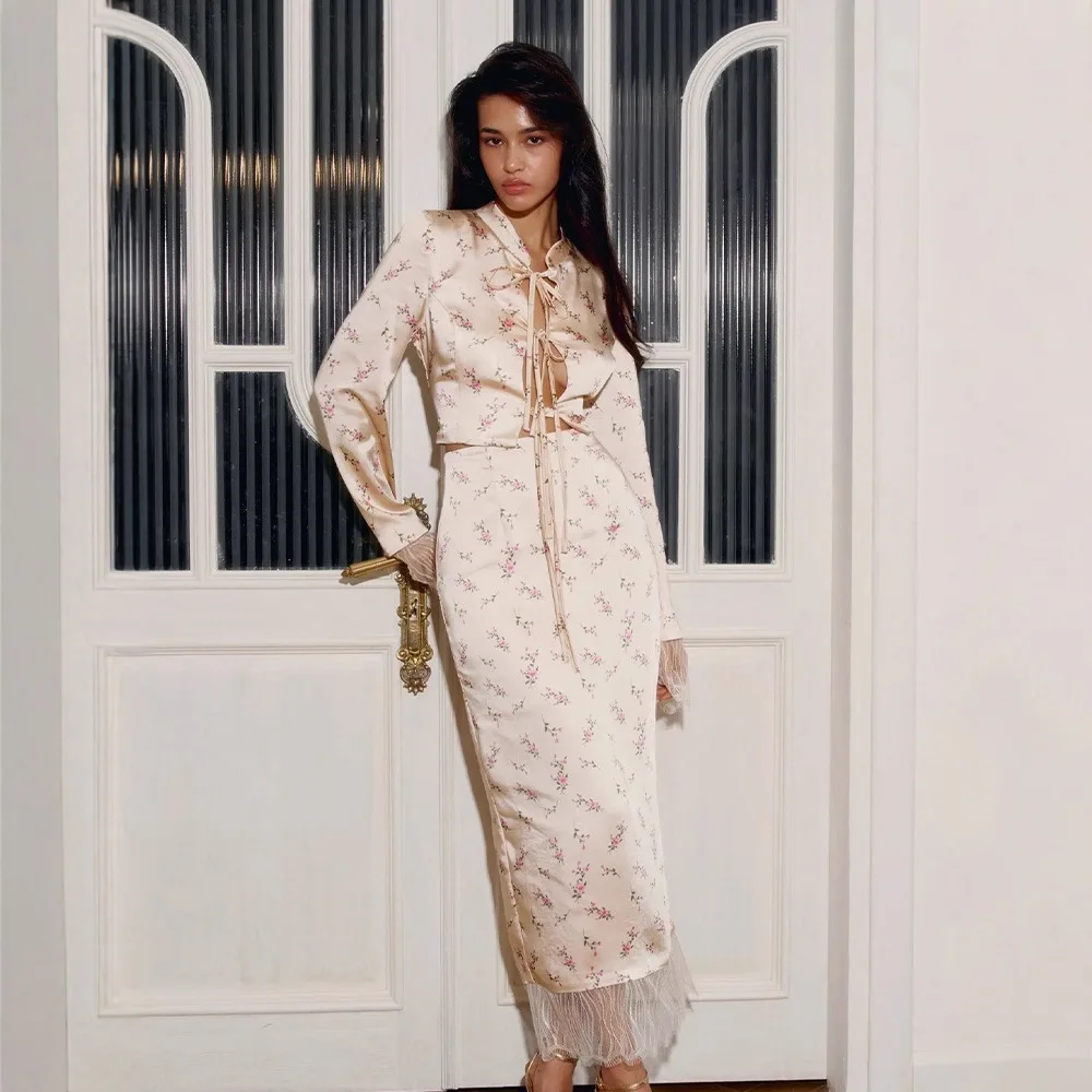 

O-neck Lace Up Long Sleeve Top and Skirt Suits Spring Floral Print Party Two Piece Sets Lace Patchwork Slim Fit Women's Outfit