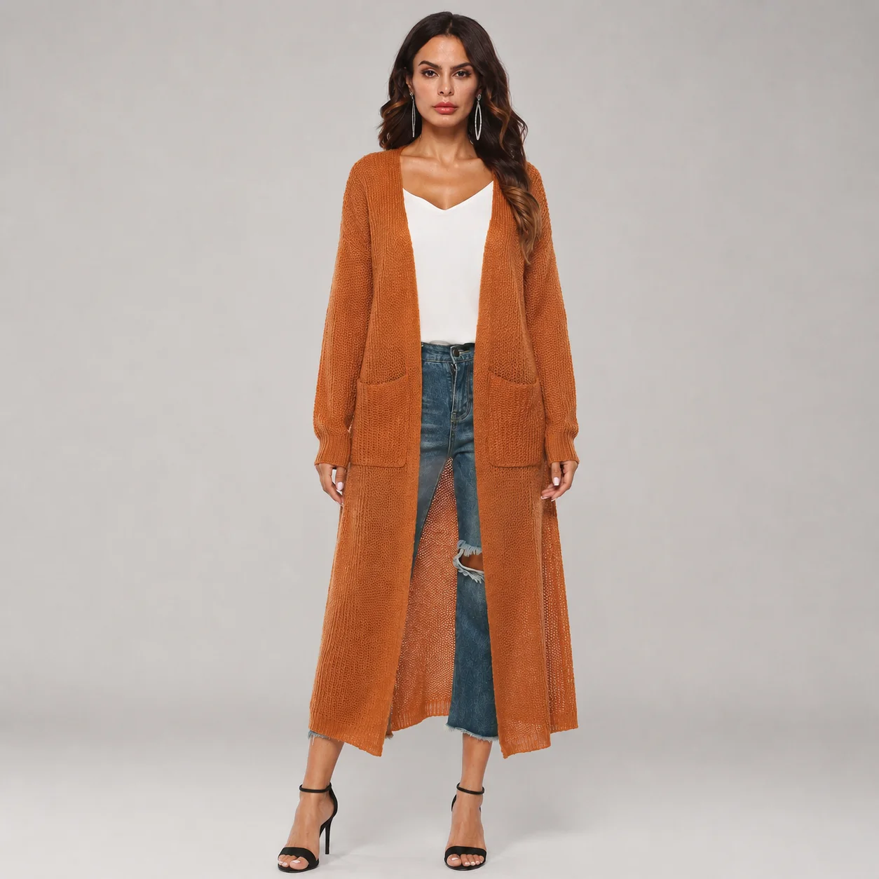 Women Long Knit Cardigan Open Front Sweater Coat V Neck Oversized Loose Fit Patch Pocket Autumn Winter Casual Streetwear