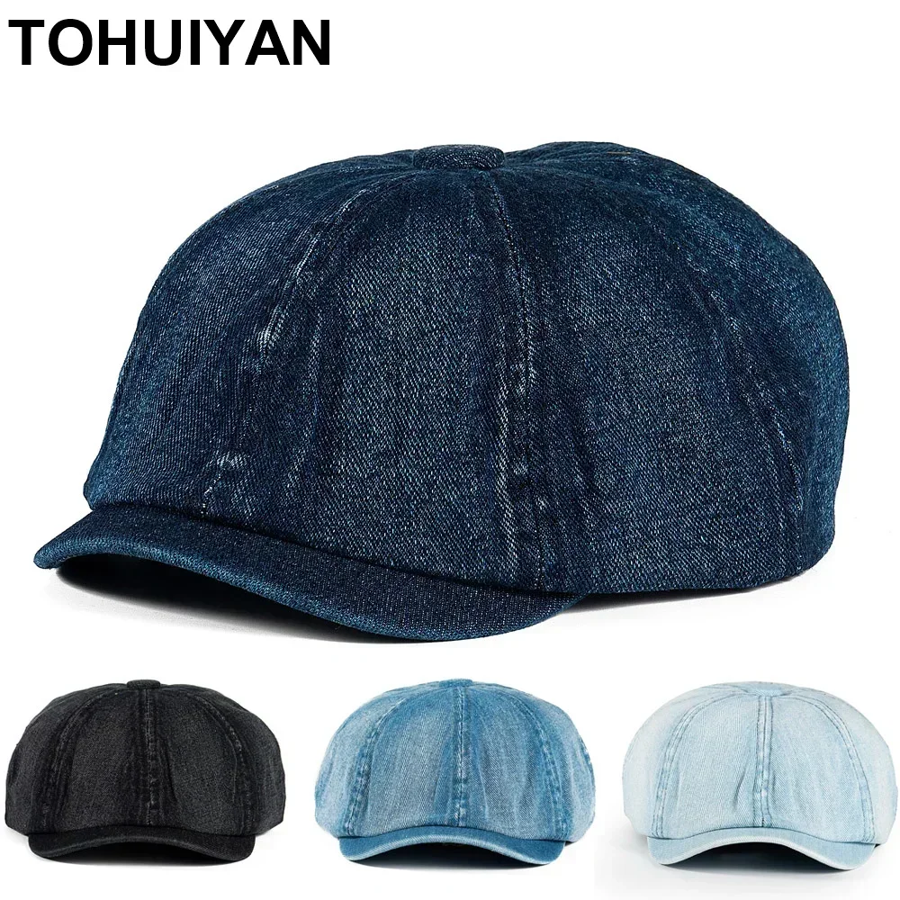 Retro Octagonal Washed Denim Hat Autumn Women's Berets Elegant British 8 Panel Gatsby Hats Sun Protection Flat Caps for Man