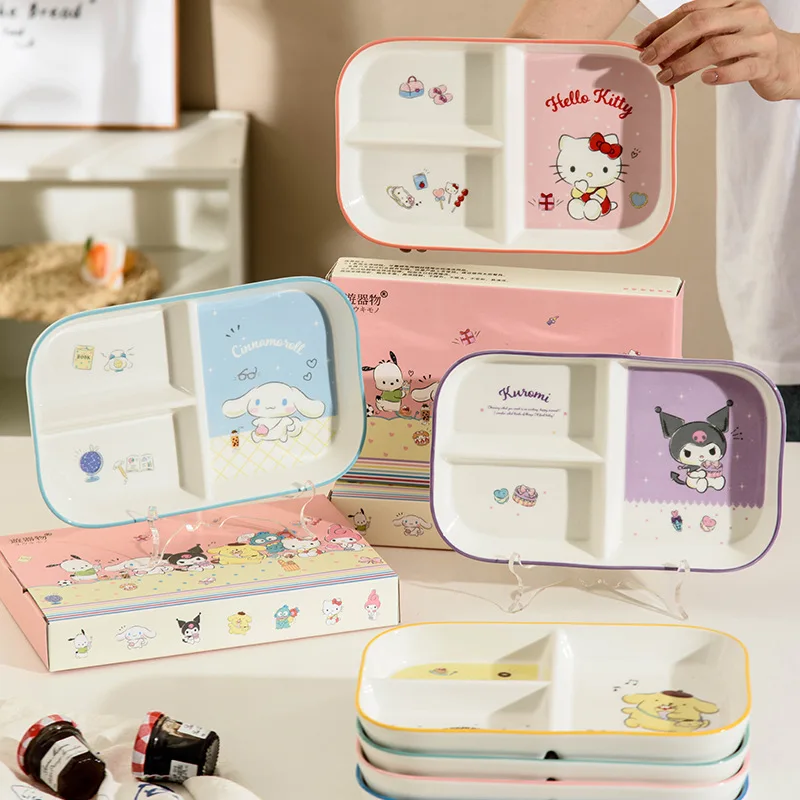 Kawaii Sanrio Hobby Kuromi Cinnamoroll Hello Kitty My Melody Cartoon Ceramic Serving Plate Children's Three-Compartment Plate