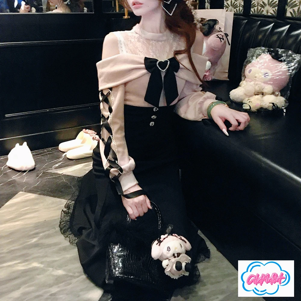 

Japanese Rich Daughter Clearly Wears Off-the-shoulder Long-sleeved Dress for Womens Autumn New Hip-wrapped Waist Fishtail Dress