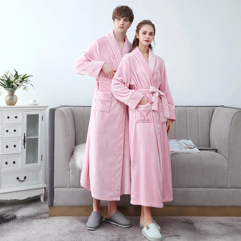 

Autumn Winter Flannel Nightwear Thickened Plush Couple Robe Bathrobe Men's Extended Large Coral Fleece Nightgown Women Sleepwear