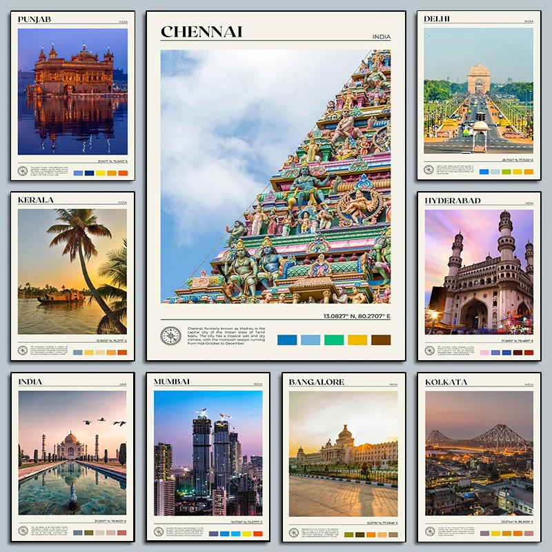 الحديثة الهند المناظر الطبيعية الحضرية التصوير الملصقات Chennai Mumbai Hyderabad يطبع حائط لوح رسم صور ديكور غرفة المنزل