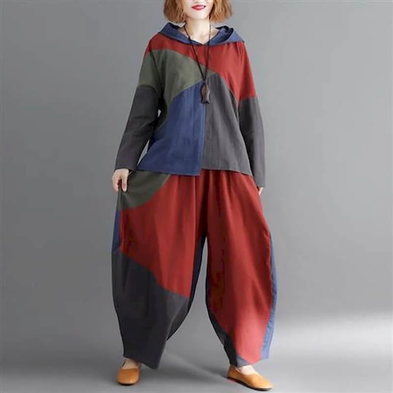 

Pants Set Casual Oversized Long Sleeve Hoodies and Elastic Waist Harem Pants Patchwork Korean Style Two Piece Sets Women Outfits