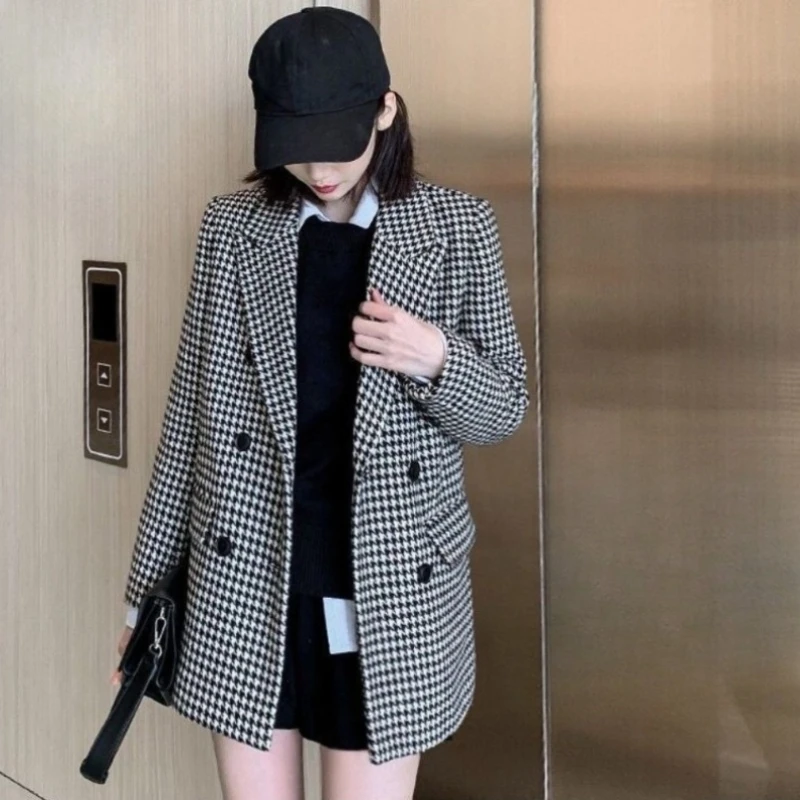 レディースプラスコットン厚手ツイードコート、チェック柄ミドル丈ウールオーバーコート、秋冬プチレディースファッショナブルドレスアップ