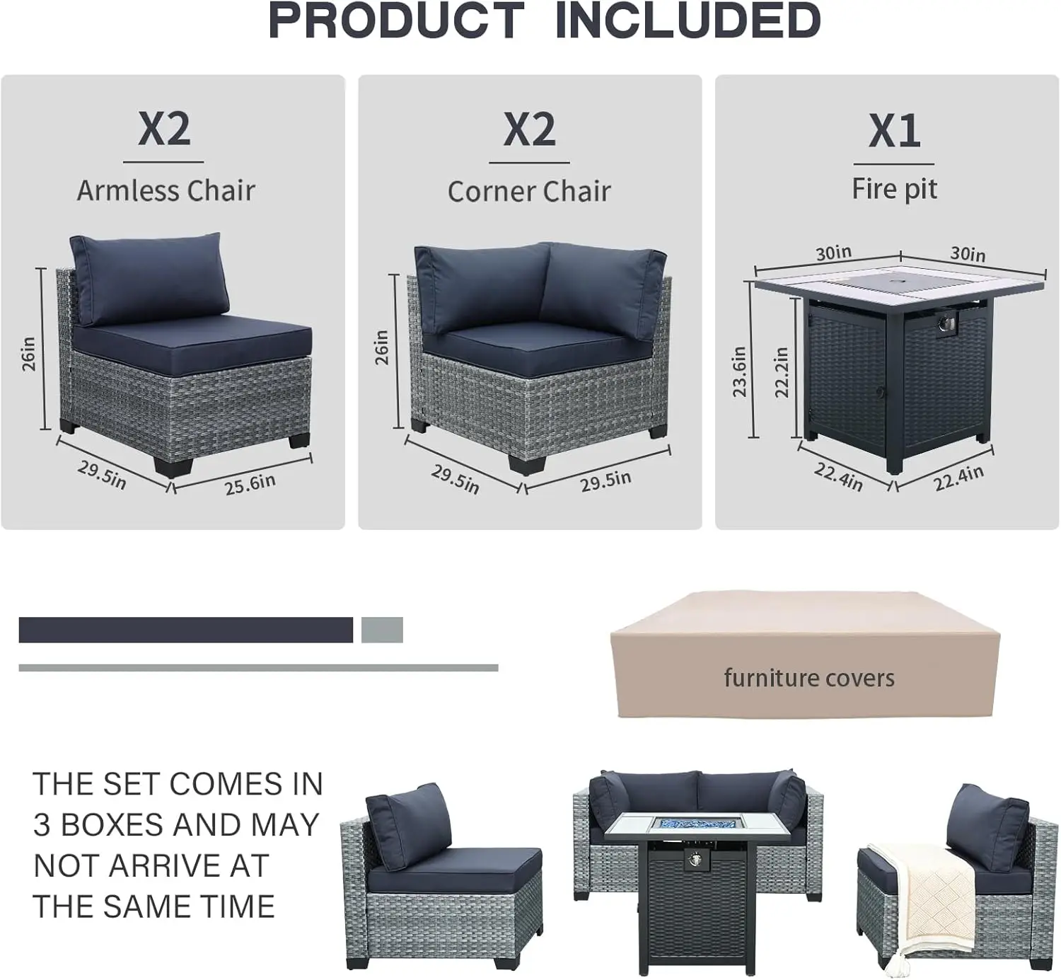 Valita-Pátio Rattan Móveis Set, Pátio ao ar livre Set, sofá de conversa de vime, cinza Rattan sofá secional com 30 "Gás Fire Pit, 5 pcs