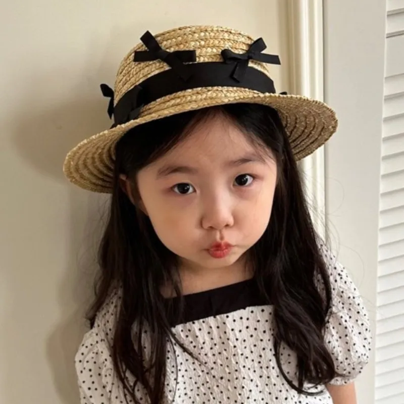 Summer Children's Bow Wheat Straw Straw Hat Elegant Style Hand-woven Simple Cute Little Bow Children's Fisherman Hat