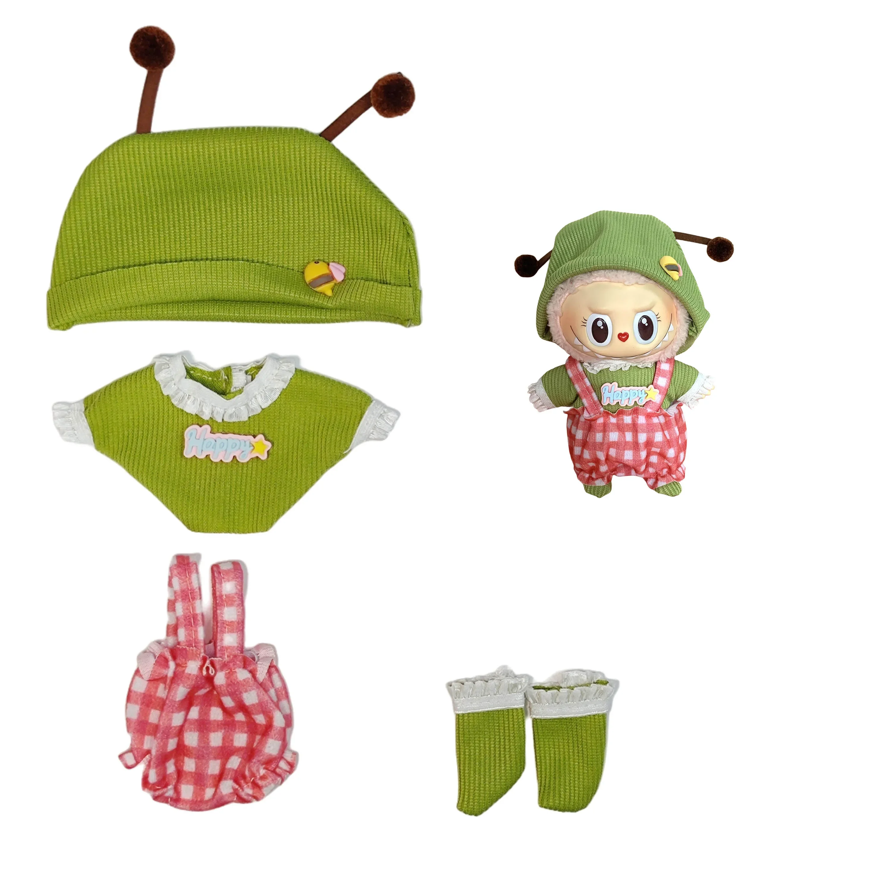 Kleding voor Labubu pluche poppenkleding, draagbare sleutelhanger tuinenutfitset