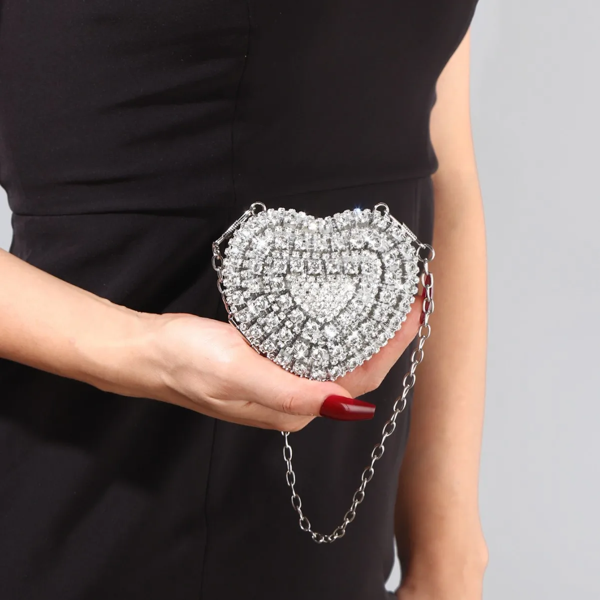

Women Sparkling Rhinestone Heart Shaped Evening Clutch - Diamond-Embellished Chain Lipstick Mini Purse for Party & Wedding