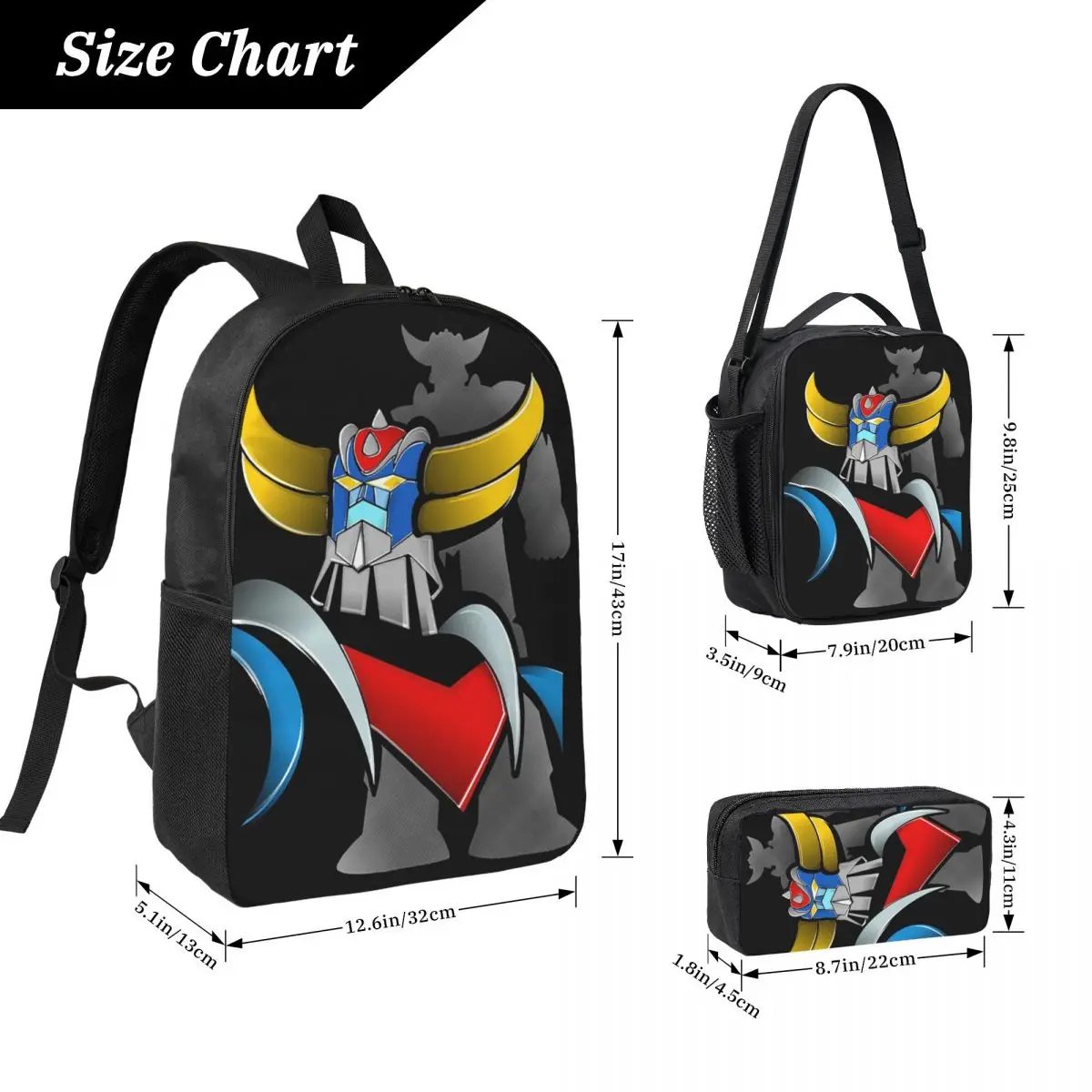 Mazinger Z Goldorak Actarus Grendizer Mask Backpack Student Boys Girls BookBag School Bag  3ps Insulated Lunch Bag Pencil Case