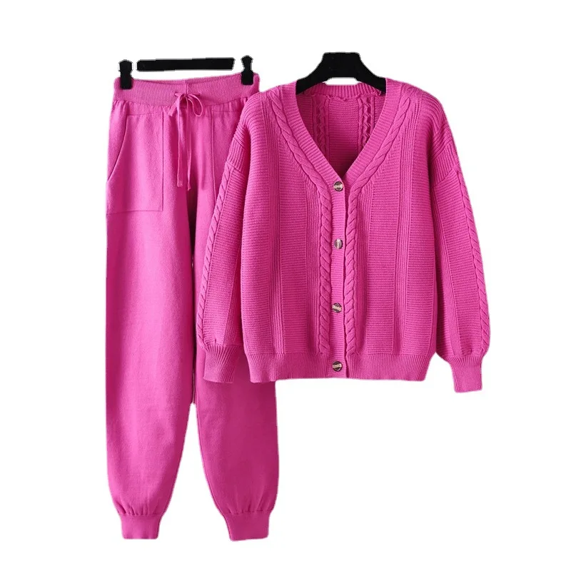 Plus size roupas 2025 outono inverno malha de duas peças cardigan cor sólida conjunto camisola feminina