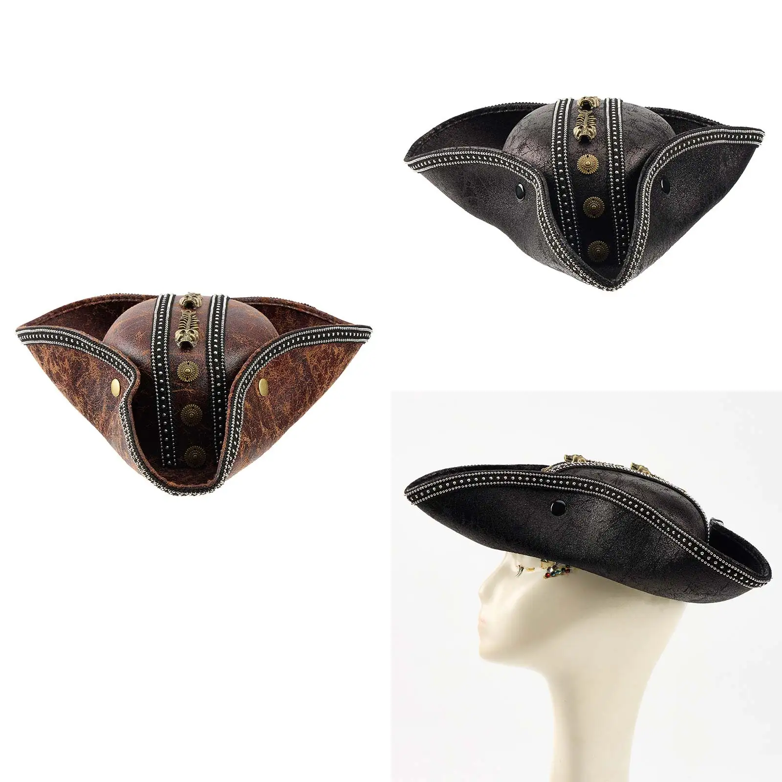 هالوين بولي Leather الجلود قبعة قرصان القرون الوسطى خمر الجمجمة الكابتن قبعة براون المستعمرة تريكورن قبعة الكبار حفلة تنكرية فستان