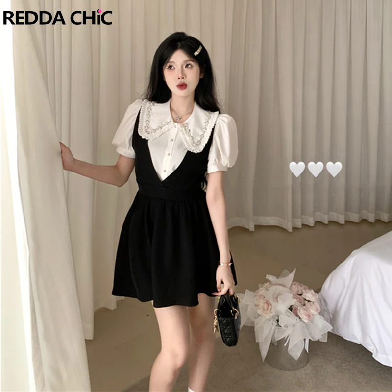 

ReddaChic Puff Sleeves Blouse Top Mini Dress Set Women Diamond Peter Pan Collar Shirt Plain Casual Overall Skirt Summer Clothes