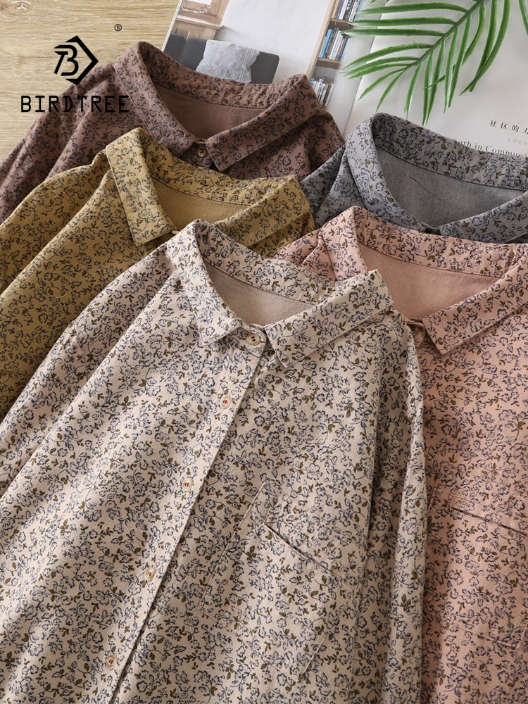 

New 2026 Autumn Women Cotton Long Sleeve Brushed Shirt, Turn-down Collar Printed, Mori Girl Preppy Style Loose Blouse T67521CC