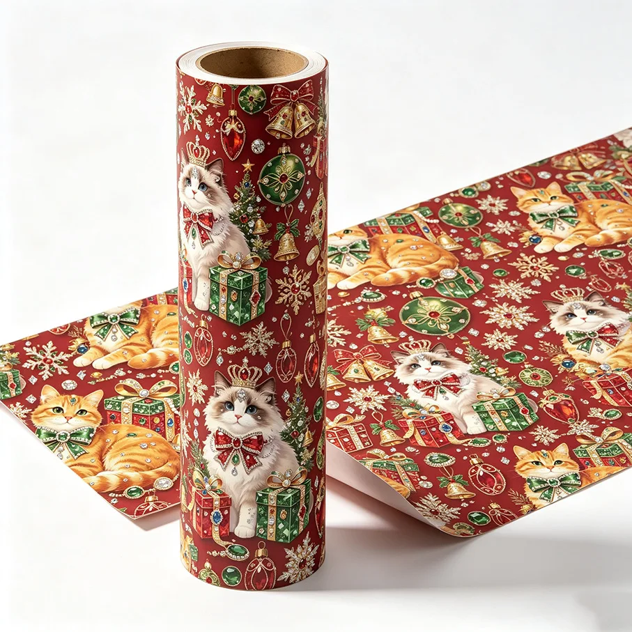 1 Roll Christmas Cat Wrapping Paper 43*500cm, Gem Tree Star Print Gift Wrap for Gift Box Holiday DIY Crafts