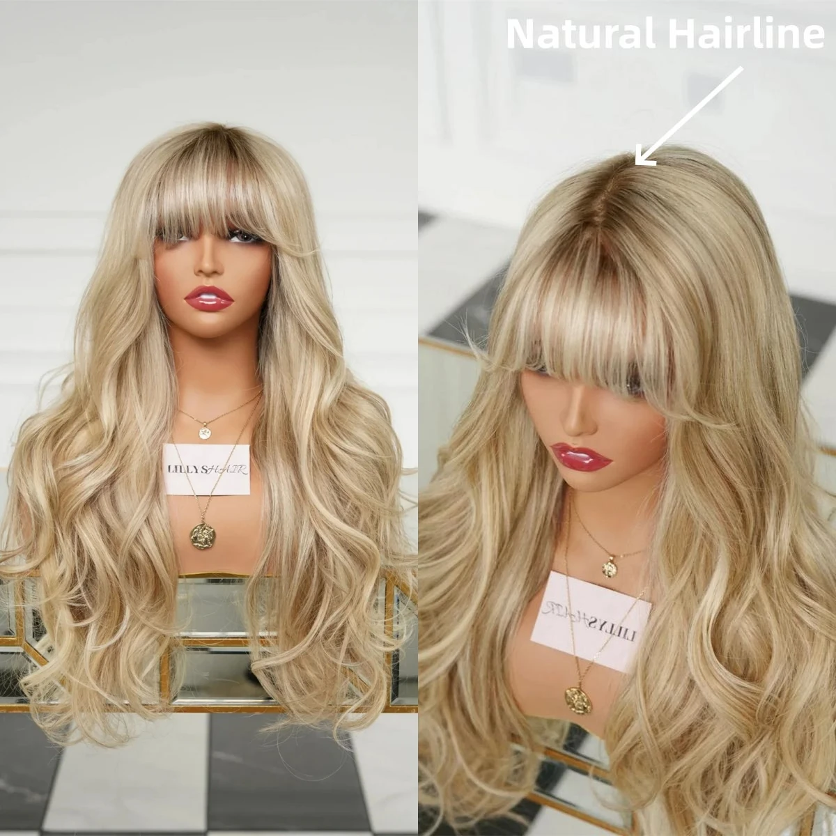 

24" New Style Ombre Golden Blonde Body Wave Lace Front Wig For Women Preplucked Realistic Hairline Long Wigs With Curtain Bangs