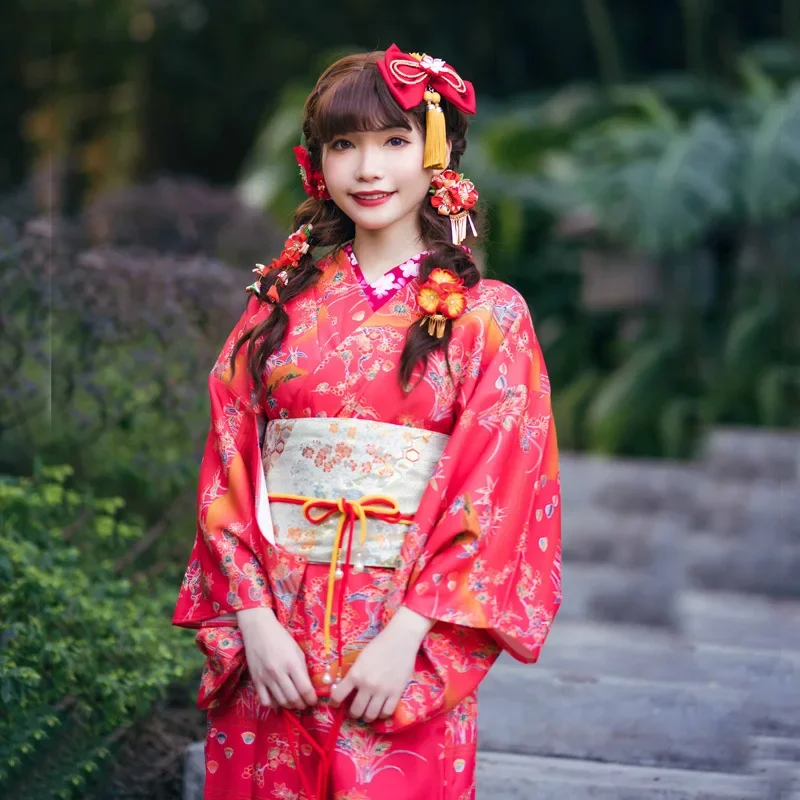 

Vintage Red Japanese Traditional Kimono With Obi Women Satin Floral Print Kimono Bathrobe Improved Elegant Kimono Evening Dress