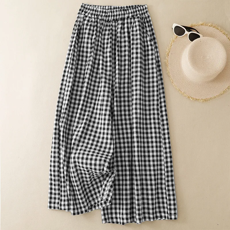 Women Summer New Mori Girl Vintage Plaid Cotton Linen Wie Leg Pants Retro Elastic Waist Casual Loose Straight Pants