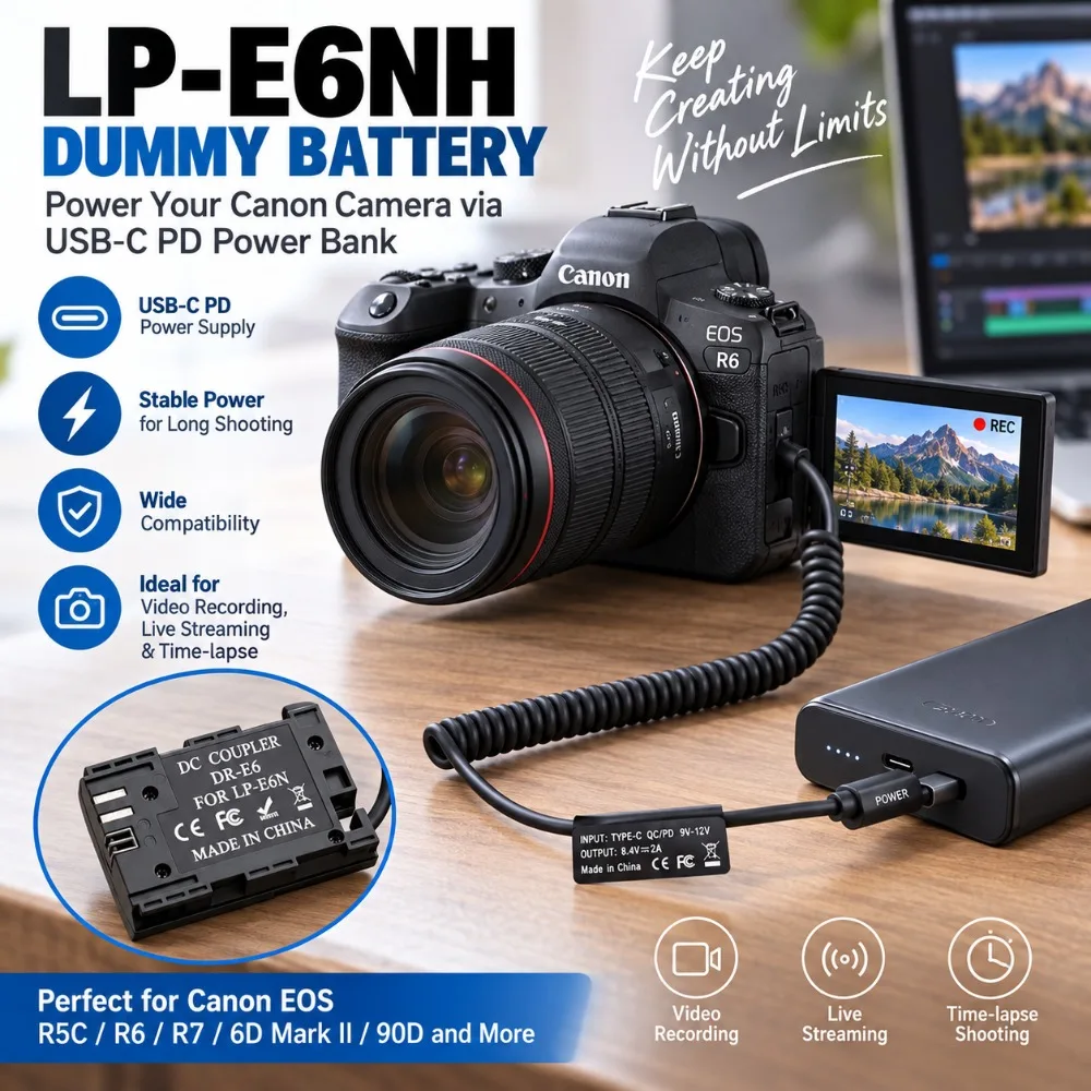 ABS + PC Dummy Battery Adapter for Canon 5D/5D/5D4/6D/6D2/60D/7D/7D2/70D/80D/90D/5DSR/R/R5/R5C/R6/R6II/R7