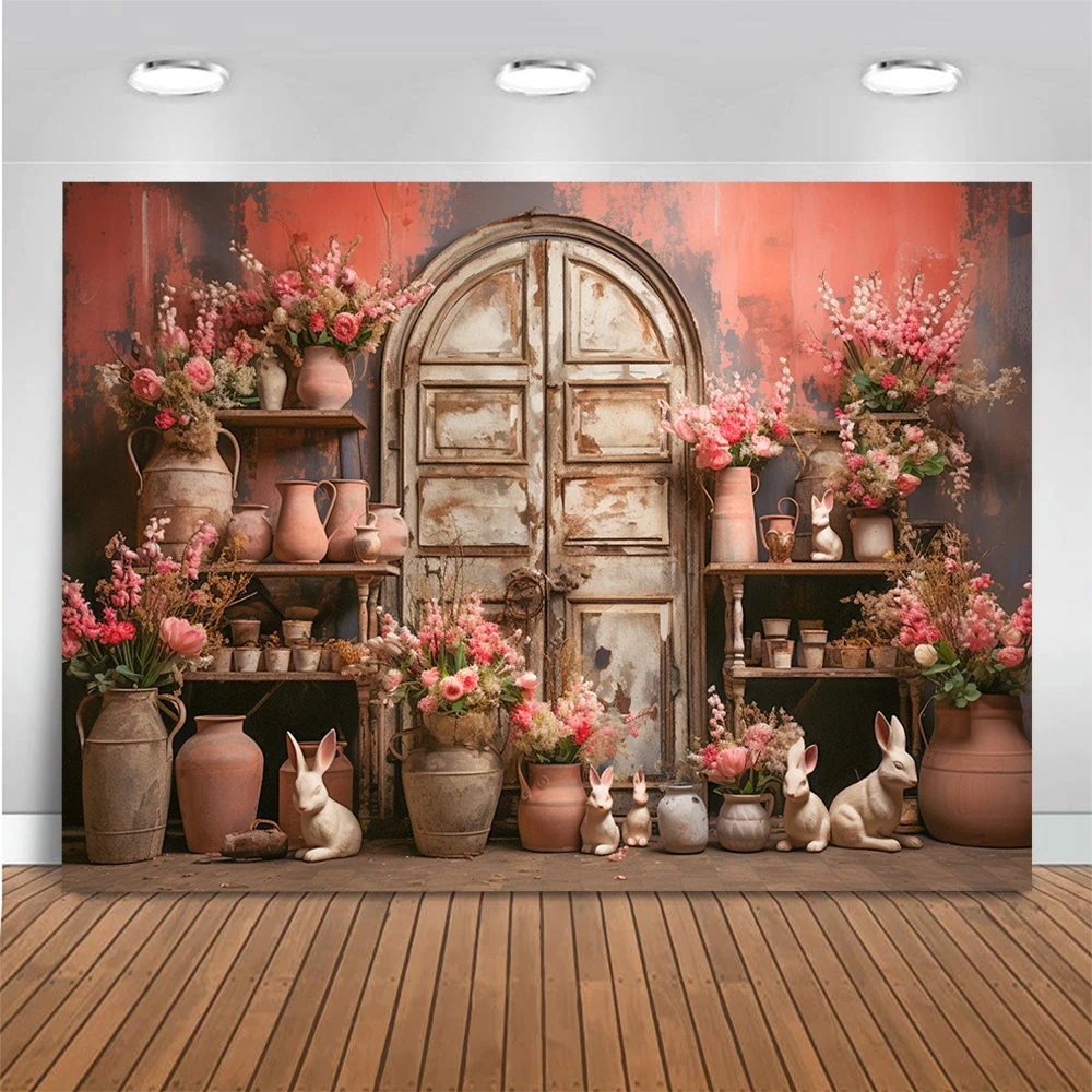 Retro Indoor Flowers Decor Photo Background Adult Kids Portrait Photo Studio Props Old Doors and Windows Photography Backdrop