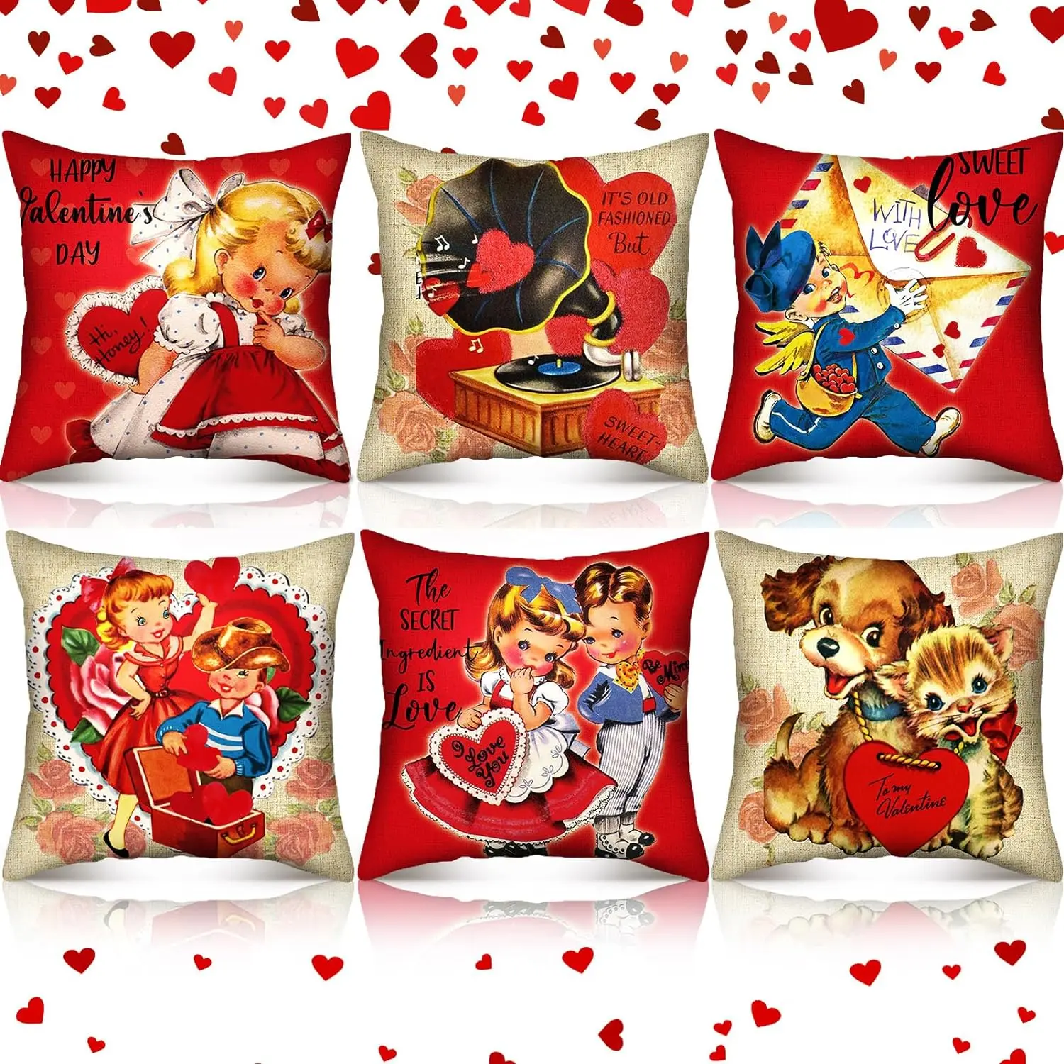 

New Valentine's Day Pillowcase 18x18 set of 6 red vintage boys and girls square pillowcases, heart-shaped envelopes, dog phonogr