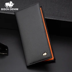 BISON DENIM New Designer Carbon Fiber Men Long Wallet With Airtag Holder RFID Blocking Bill Card Holder Long Purse Men Gift