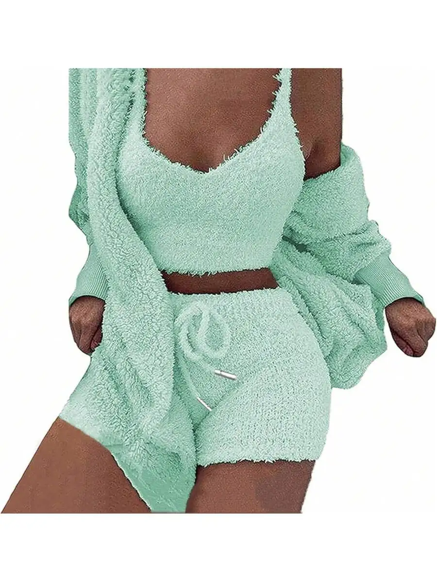

Women Fuzzy 3 Piece Pajama Set Hooded Cardigan Sleeveless Crop Top Shorts
