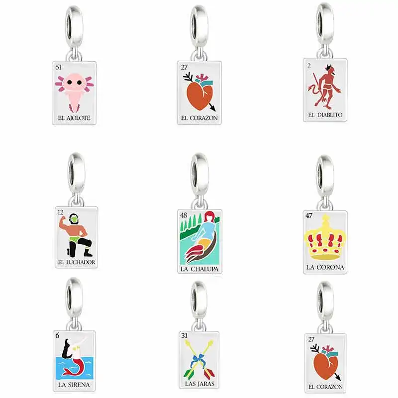 

Fit Original Pan Charm Bracelet 925 Silver AJOLOTE CORONA CORAZON LUCHADOR Loteria Mexicana Game Bead For Making Girl Berloque