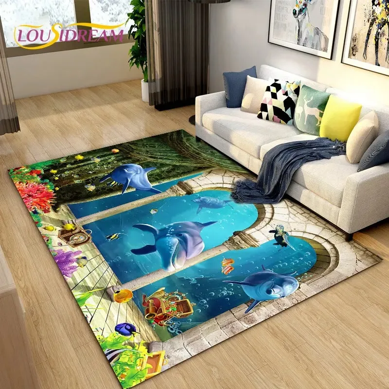 Alfombra 3D con ilusión de fondo marino, alfombra con área de tiburón y delfín, alfombra para sala de estar, dormitorio, sofá, felpudo, alfombra antideslizante