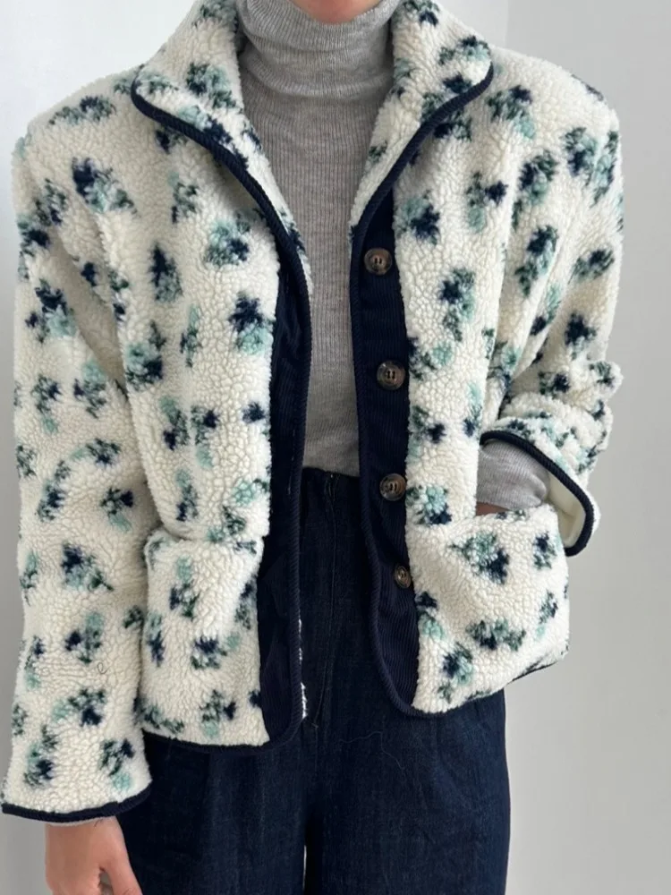 

Women's Loose Fit Thickened Lamb Fur Cotton Jacket Floral Print Collar Autumn Winter Warm Anti-aging Cotton Coat Top