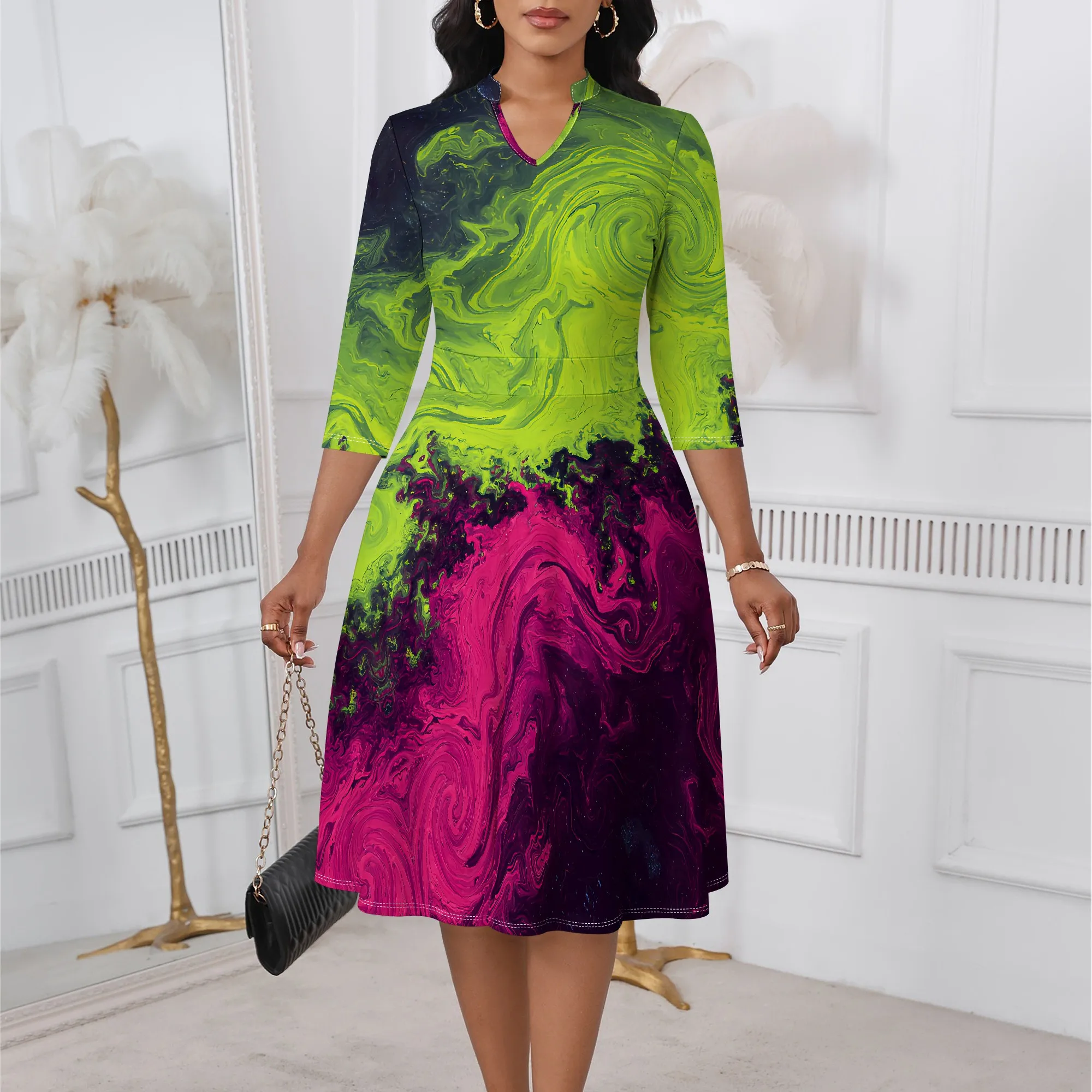 

Green Magenta Marble Print Midi Dress XS-3XL V-Neck 3/4 Sleeve A-Line Style for Art Fest, Pride Parade or Street Style Look