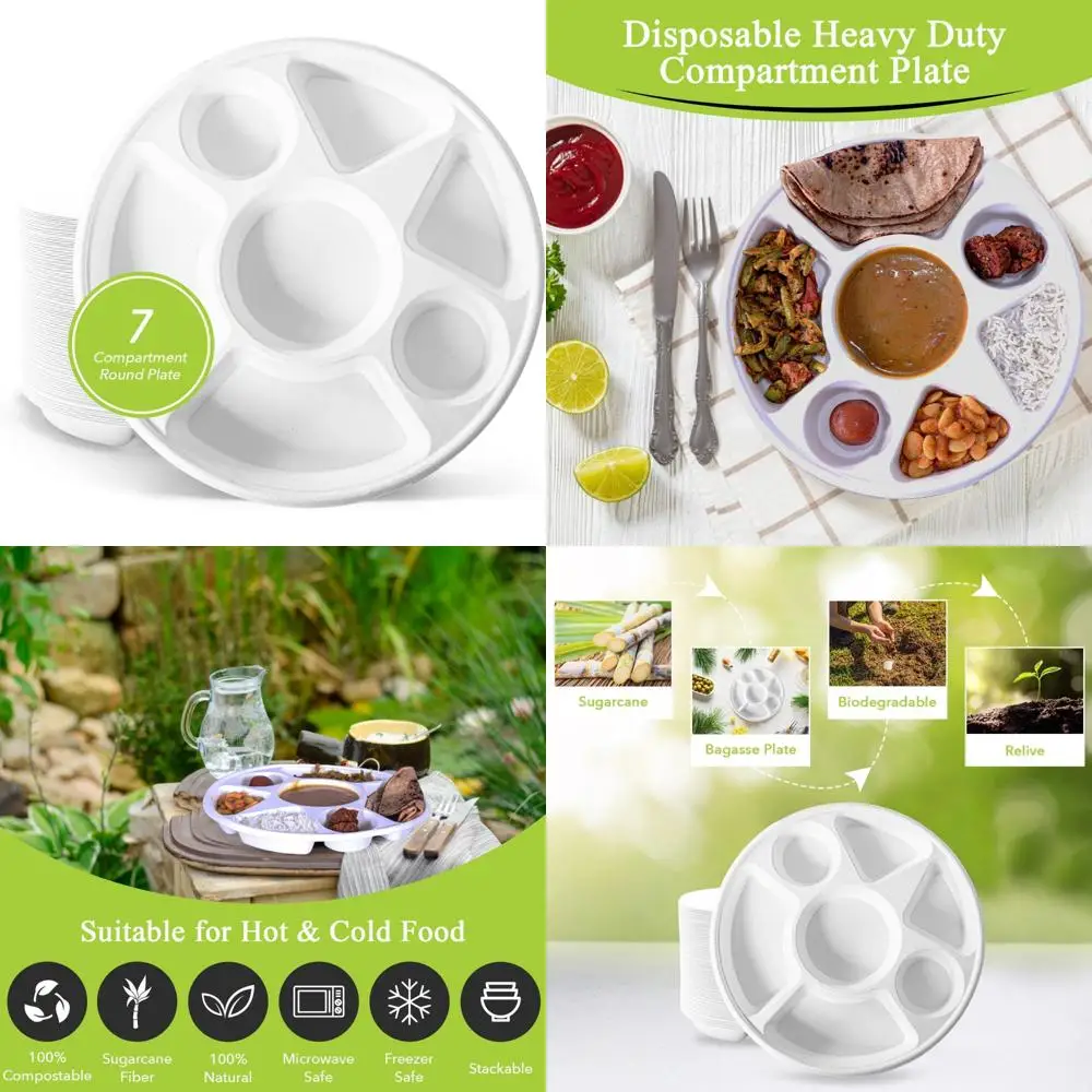 

Экологичные сверхпрочные натуральные одноразовые тарелки для мешков, 200 шт., круглое основание с 7 отделениями, прочные и устойчивые