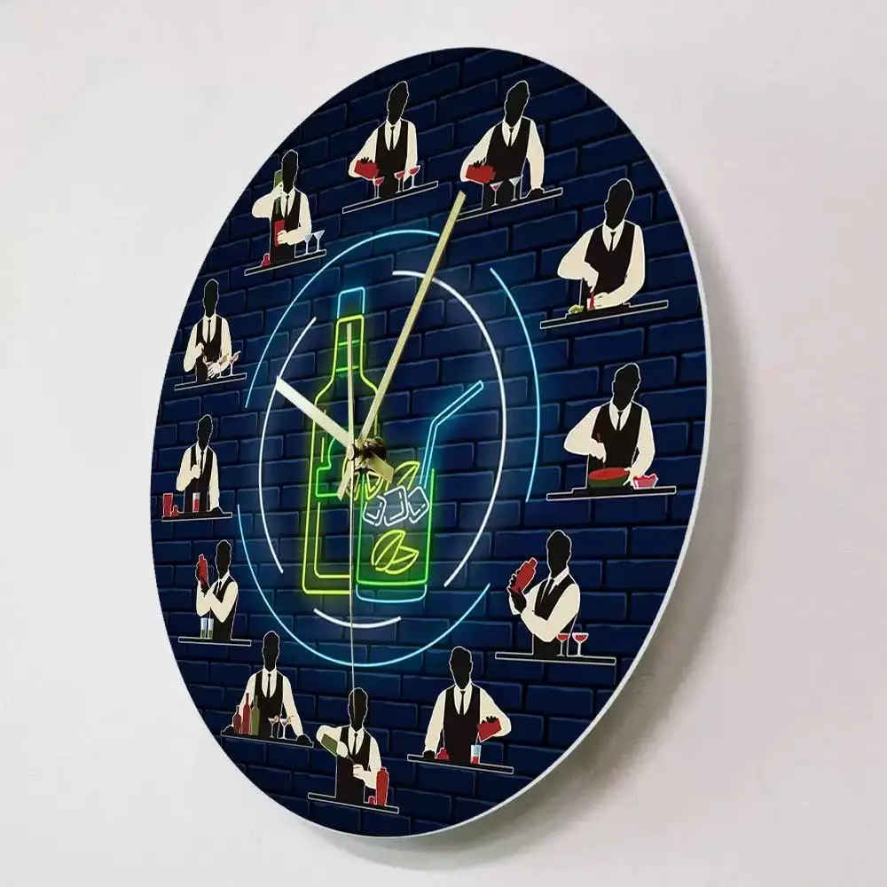 Bartender Wall Clock Cocktail Mixology Neon Sign Silent Quartz Watch Home Bar Pub Club Kitchen Decor Bartender Gift