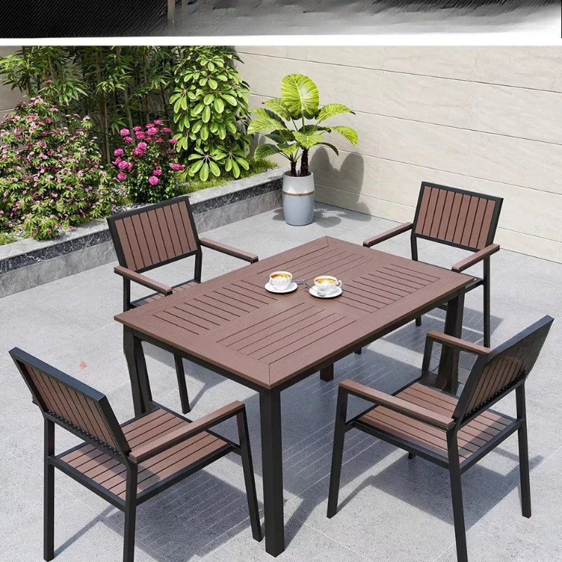 

Outdoor garden tables and chairs plastic wood aluminum alloy leisure preservative wood villa open roof waterproof and sun