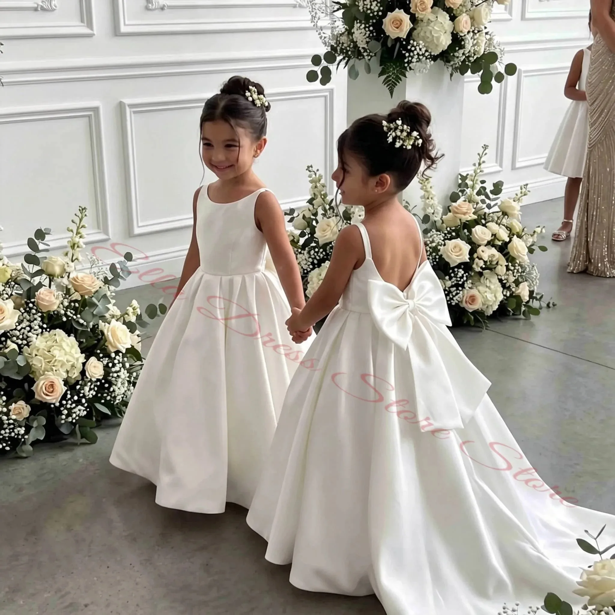 A-Linien-/Prinzessinnenkleid aus Satin mit Schleife für Blumenmädchen, Spaghettiträger, Kommunion- und Geburtstagskleid, Großhandel, Maßanfertigung – Detail 1