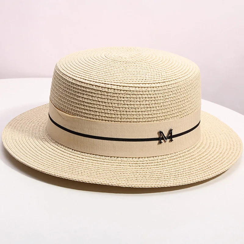 Straw hat women\'s summer flat top small top hat beach vacation hat straw woven hat sun hat