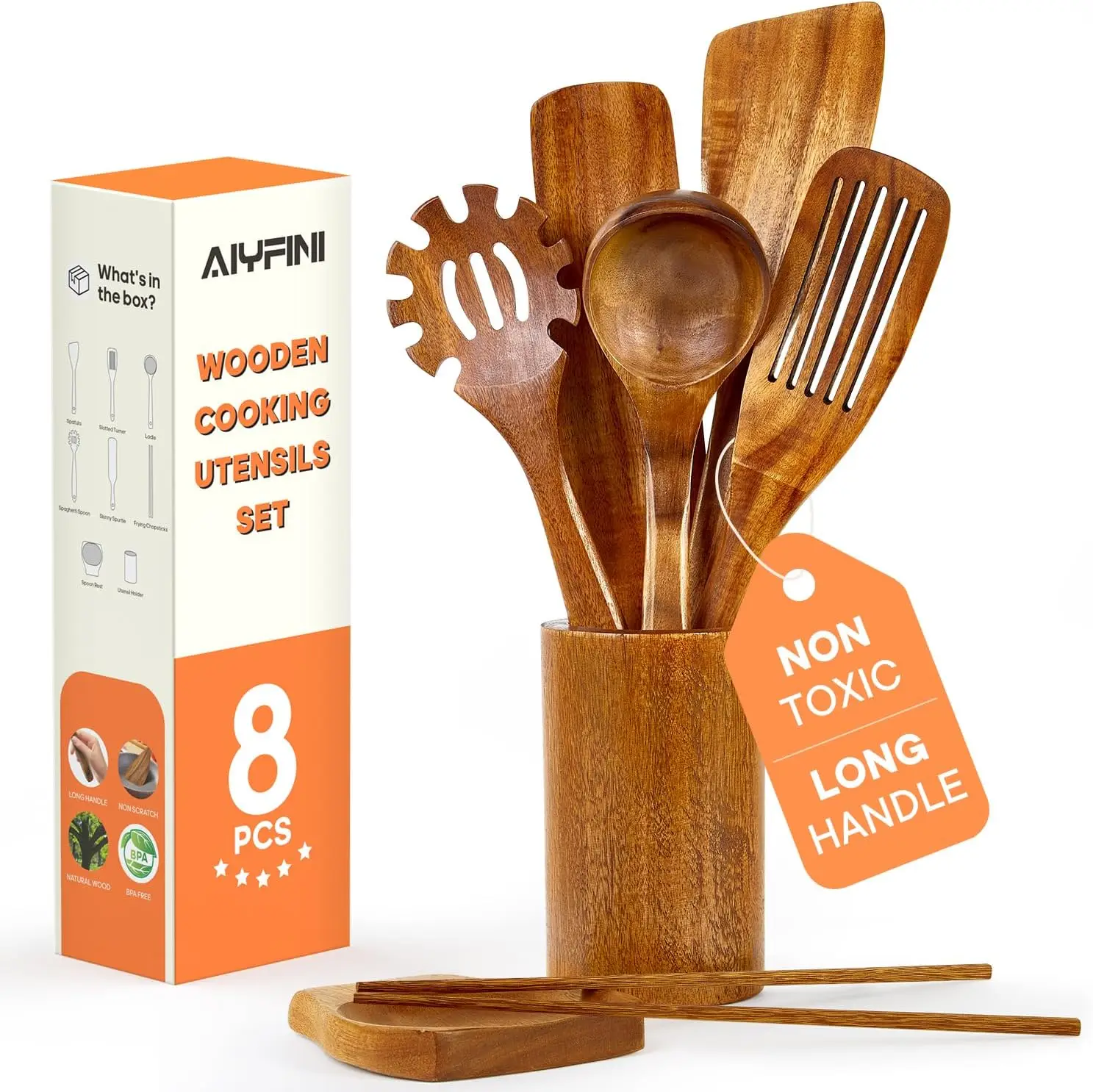 

Non-Toxic Wooden Utensils for Cooking - Natural Acacia & Glue-Free,15.4" Large Spatula Set, Long Handle for Scald-Resist