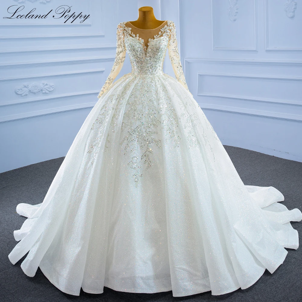 Lceland Poppy Customized Scoop Neck Ball Gown Wedding Dresses Full Sleeves Sequined Beaded Bridal Gowns with Chapel Train