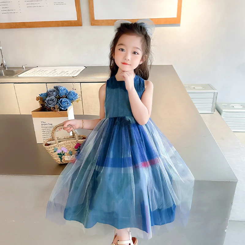 summer baby girl elegant blue gazue birthday dress Gradient Princess Dresses vestido infantil roupas femininas infantil de 12 13