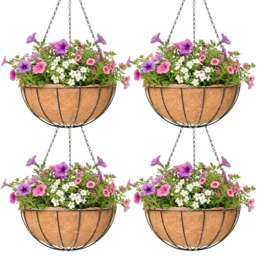 

4 Pack Hanging Planter for Outdoor Plants 14 inch Metal Hanging Flower Basket with Coco Coir Liner Round Wire Plant Holder Chai