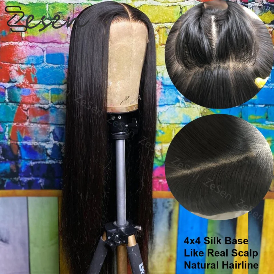 

Silky Straight 4x4 Silk Base Fake Scalp Long Synthetic Lace Front Wigs For Black Women With Natural Hairline Heat Resistant