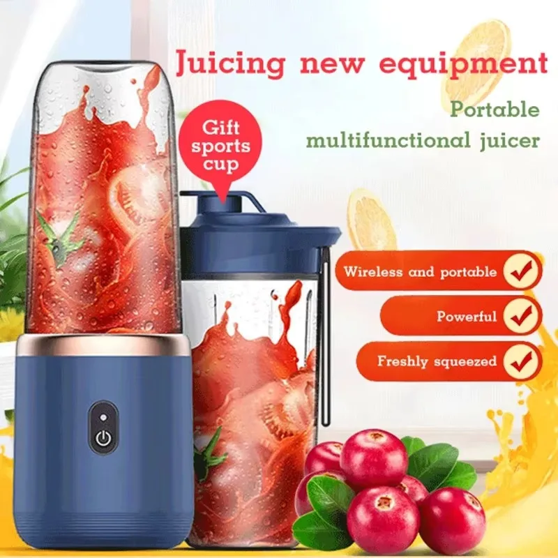 400ML Blue Portable Juicer Electric Juicer Cup USB Rechargeable Small Juicer with Stainless Steel Blade Mixer Ice Crusher