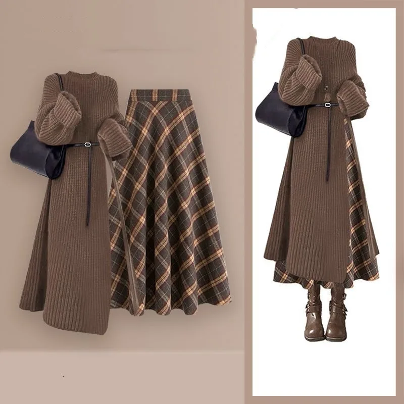 

Осень-зима, женский изящный длинный свитер, свитер, клетчатые юбки, костюмы из двух предметов, корейский женский вязаный пуловер, топы, юбка, наряды 2025