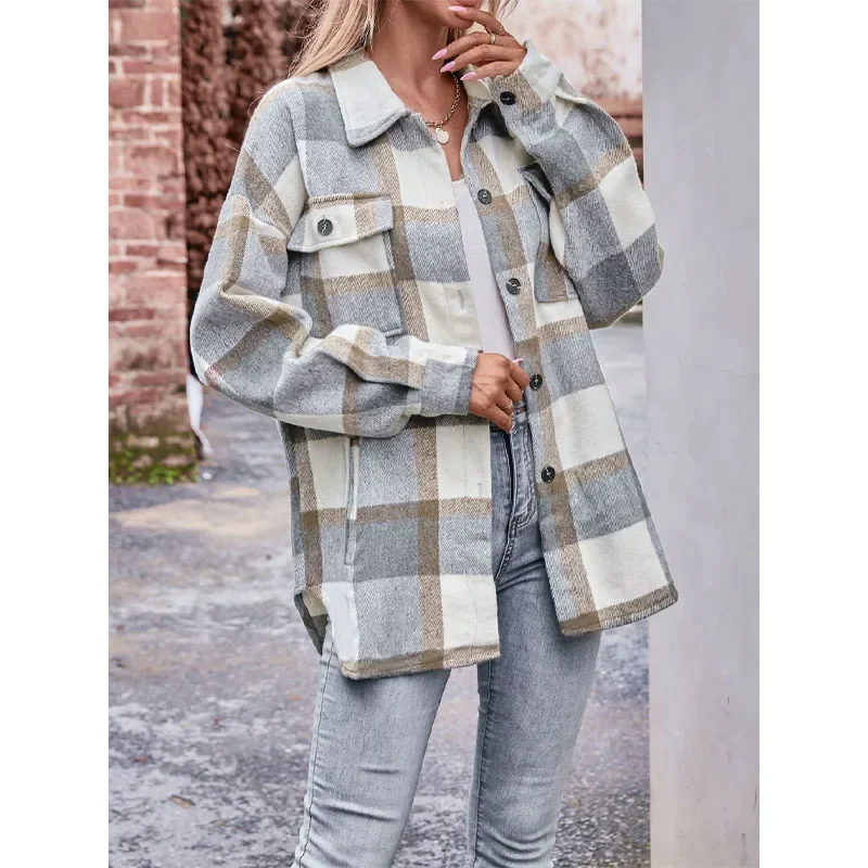 2023 New Autumn Casual Simple Polo Collar Panel Button Comfortable Plaid Long Sleeve Temperament Commuter Loose Women's Shirt